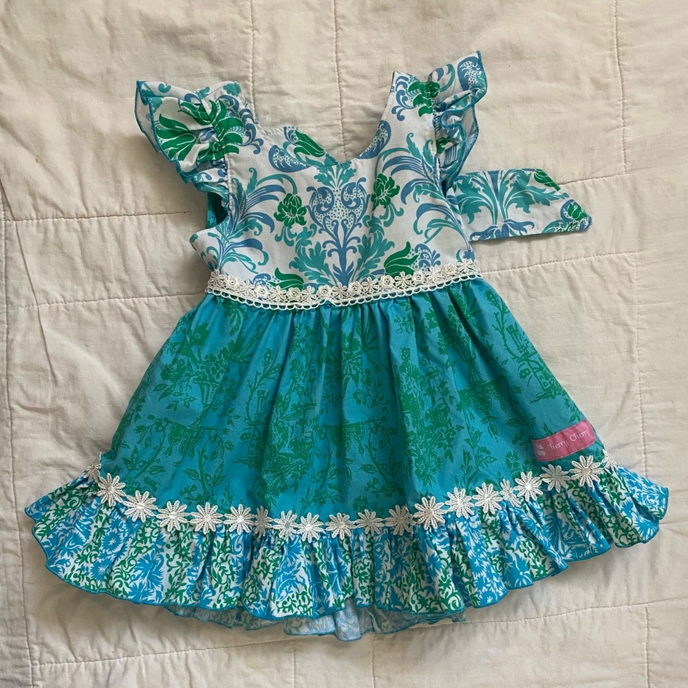 Cherry Cherry tie back floral dress, embroidered appliqué band, 100% cotton